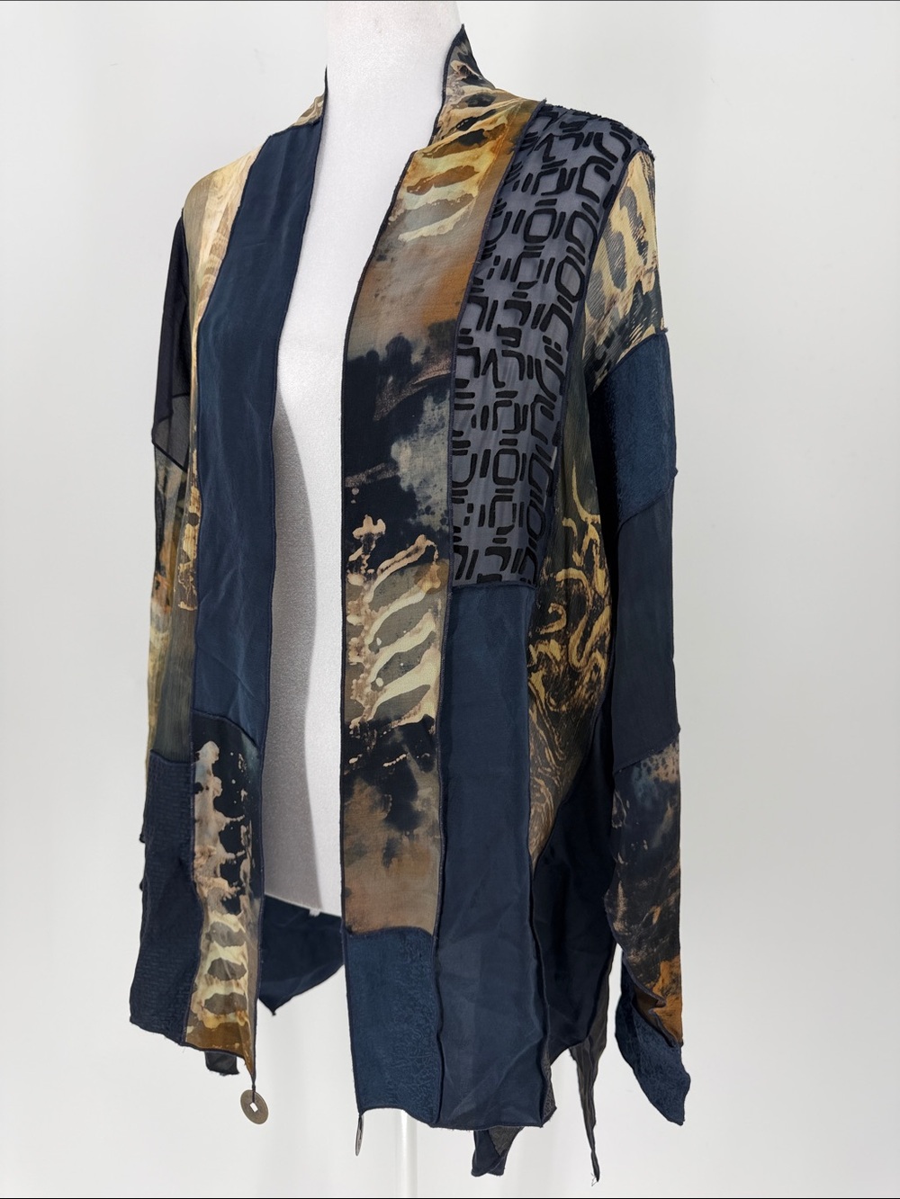Vintage EGO 100% Silk Patchwork Art to Wear Jacket Cardigan Lagenlook Boho